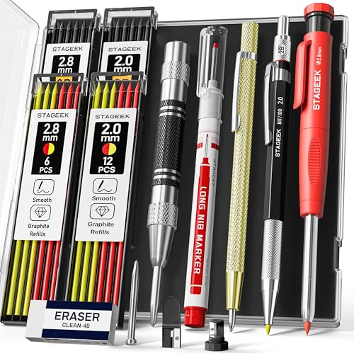 STAGEEK 14er-Set Mechanischer Zimmermannsbleistifte,Automatischem Körner, Hartmetall-Anreißwerkzeug, Radiergummi und Tiefloch-Markierungsstift, Robuster Konstruktionsbleistift für Architekten mit Etui