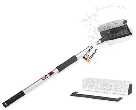 HEYNER® Scheibenreiniger Set mit Teleskopgriff & Ersatzkitt, 70x25cm | Mikrofaserbezug für die Insektenentfernung der Windschutzscheibe, Fahrzeugpflege & Reinigung, Teleskopbereich: 70-125cm