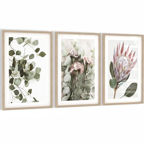 Novart Wandbilder mit Rahmen leichter Metalleffekt Grüne Blätter - Wohnzimmer Schlafzimmer Wanddeko - 3 Bilder Set Boho Beige - N123036aR3