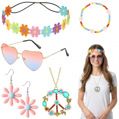 DvBCNMe Hippie Kleidung Damen, 5 Stück 70er Jahre Outfit Damen Set, Flower Power Accessoires wie Peace Zeichen Halskette, Gänseblümchen Stirnband, Sonnenbrille und Ohrringen, Fasching Karneval