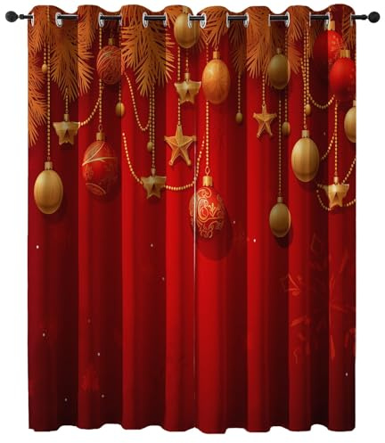Cortina Opaca para Ventana Adornos Colgantes navideños de Lujo con Bolas Moderno Elegante Juvenil Dormitorio con Anti Luz Cortina Oro Rojo Termica Aislantes Frio y140An x 245Al cm (2 Paneles)