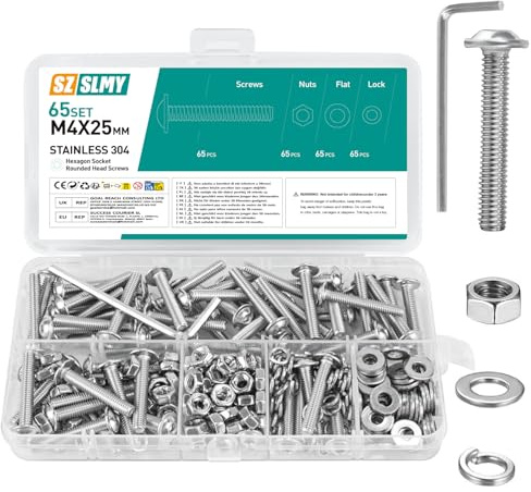 65 Set M4 Schrauben Set, Linsenkopfschrauben M4 x 25mm, Edelstahl Flanschschrauben Muttern Sets, Flachkopfschrauben mit Flansch, Vollgewinde Maschinenschrauben, Gewindeschrauben Set