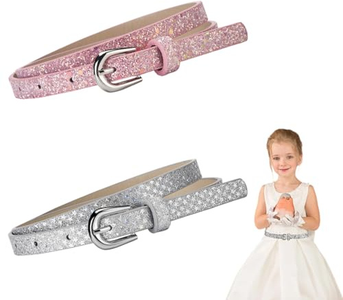 Ceinture Enfant Fille 2 Pièces Ceintures Fines à Paillettes en Cuir PU Brillant pour Filles et Enfants Réglable avec Boucle