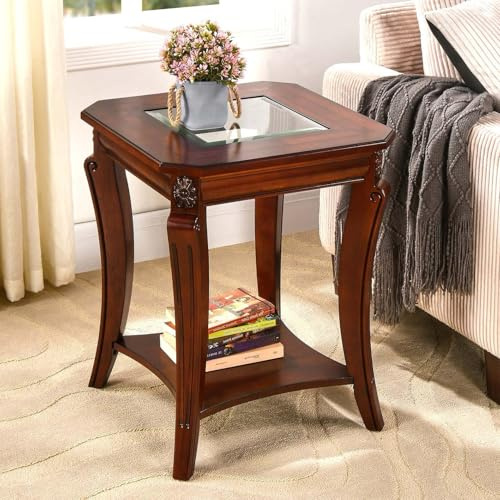 Mesa auxiliar cuadrada de alta gama con tablero de vidrio templado, mesa auxiliar de granja con estante, mesa de salón con patas de madera tallada, 60,5 cm de alto, color marrón cereza CJZ-A1168-GT