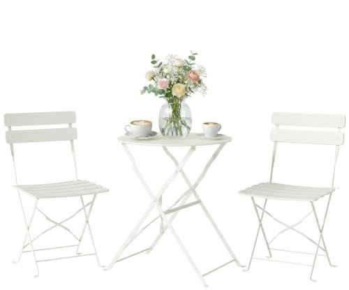 Outsunny Ensemble Bistrot de Jardin 3 Pièces san Montage Métal Crème | Table et 2 Chaises Pliantes à Lattes, Double Protection Antirouille, Mobilier de Balcon, Terrasse et Extérieur