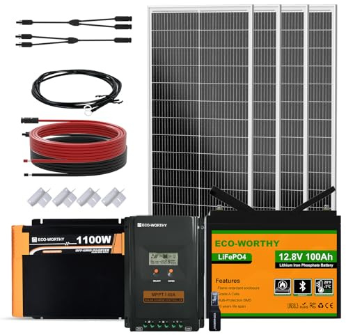 ECO-WORTHY 1,6 kWh solaranlage komplettset mit 12V 100AH LiFePO4 Batterie + 4 Stücke 100W Solarpanel + 40A Laderegler Bluetooth + 1100W Wechselrichter, Solaranlage Komplettset für Dach Haus Balkon Gar