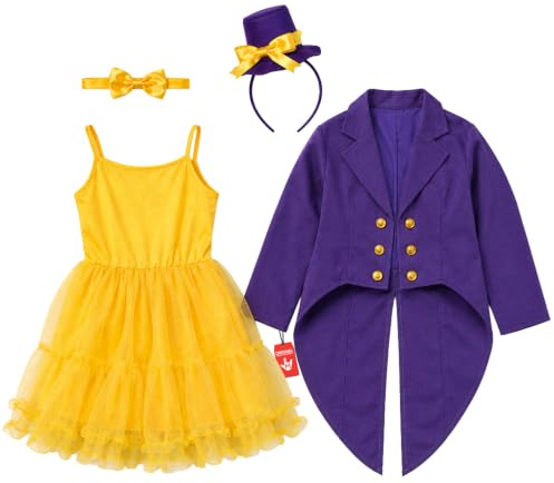 Fun Shack, Candy Factory Boss Costume, Halloween Costume | Yellow Tutu-style Dress, Tailored Purple Jacket with Tails Included, Perfect for Halloween, Great for Fancy Dress