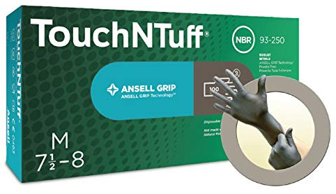 Ansell TouchNTuff 93-250 Nitrilo Guante contra productos químicos, Tamaño 7.5-8 (100 Guantes)