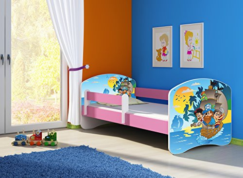 CLAMARO 'Fantasia Pink' 180 x 80 Kinderbett Set inkl. Matratze und Lattenrost, mit verstellbarem Rausfallschutz und Kantenschutzleisten, Design: 21 Piraten
