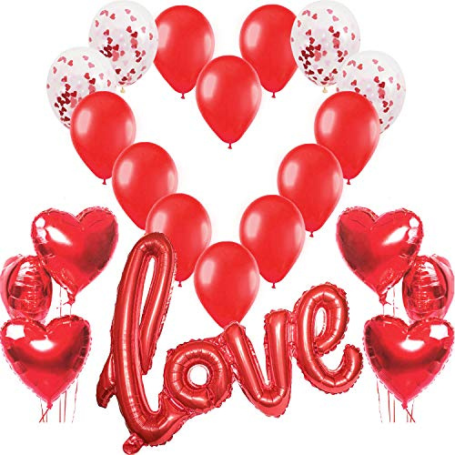 Décoration Romantique,1 Ballon Love XXL,6 Ballons Coeur Rouge,4 Ballons de Confettis,10 Ballons de Baudruche pour La Saint Valentin, Déco Fiançailles et Mariage