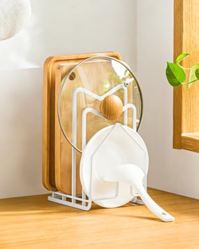 LINFIDITE Topfpfannendeckel-Halter für Küchenarbeitsplatte Schneidebrett Organizer Ständer Weiß Schneidebrett-Rack