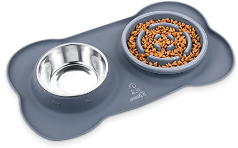 Pecute Ciotola 3 in 1 per Cani con Alimentazione Lenta: Doppia Ciotola Anti Ingozzamento con Tappetino Antiscivolo, Antiribaltamento e Antitrabocco, 400ml + 150ml, Ideale per Medie e Grandi (Grigio)