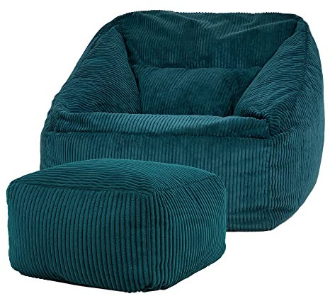 Icon Natalia Sitzsack Sessel mit Hocker für Erwachsene, Blaugrün, Flauschiger Cord Stoff, Riesen Sitzsack Cord mit Füllung, Bean Bag Chair, Bequemer Sessel Wohnzimmer, Lounge, Schlafzimmer, Büro
