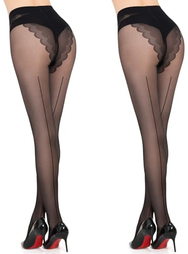 MANZI Sheer Backseam Tights Seamed Nylon Pantyhose for Women 20 Denier Black Tights(Black,L)