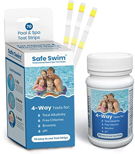 Safe Swim 4-Way - Hot Tub, Swimming Pool and Spa Test Strips - Bottle of 70 - Measures Chlorine, Bromine, PH and Total Alkalinity…