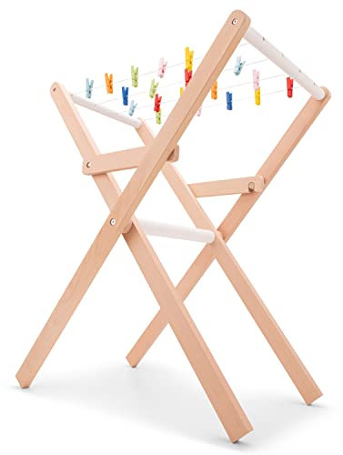 New Classic Toys 18350 Wäscheständer aus Holz, inkl. Wäscheklammern