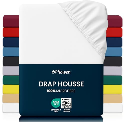 Flowen Sábana Bajera Ajustable 150x190 cm Blanco de Microfibra Cepillada para Colchón 30cm de Altura Tejido Suave Transpirable Hipoalergénico Antiácaros y Antibact. Lavable a Máquina
