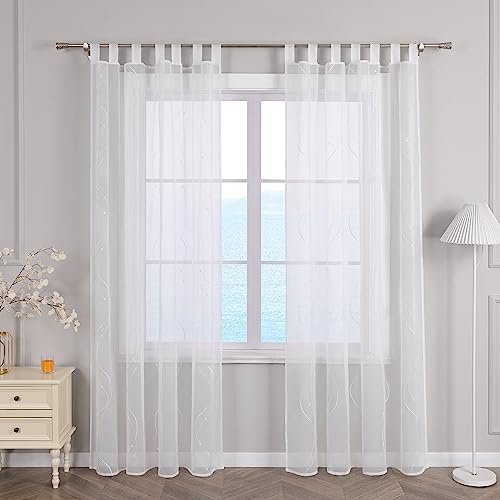 ESLIR Gardinen mit Schlaufen Vorhänge Gardinenschals Transparent Stores Gardinen Weiß Schlaufenschals Voile Fensterschal Wohnzimmer Bestickt BxH 140x225cm Weiß 1 Stück