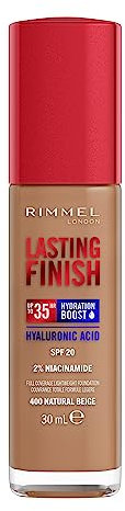 Rimmel London Lasting Finish 35H, 400 Natural Beige, fondotinta, lunga tenuta, idratante, formula vegana, alta coprenza, 30ml