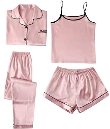 Satin Schlafanzug Damen Lang 4-teiliges Pyjama Sets Cami Top and Shorts Set Nachtwäsche Frauen Seidenpyjama