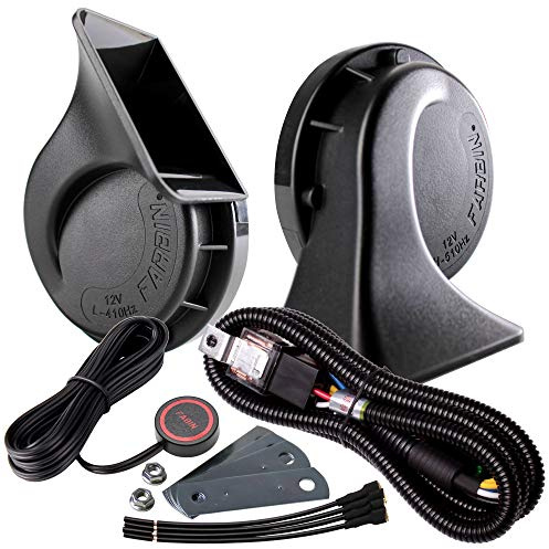 FARBIN Klaxon de Voiture 12V Klaxon électrique étanche, Moto Double Ton Corne D'escargot Kit Relais avec Faisceau de Câble Bouton Universal pour Toute Véhicules (Black avec Harnais de câbles Bouton)