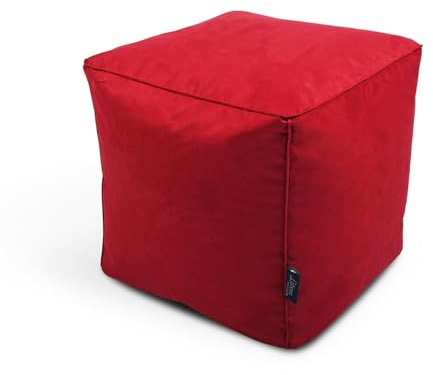 Littens Red Soft Faux Suede Square Cube Footstool Ottoman Pouffe Bean Bag, Living Room Decorative Seat, Piped Detailing (41cm x 41cm x 41cm)