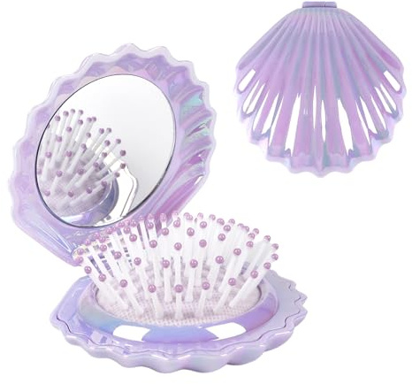 Maji Mama Metallic Shinning Finish Foldable Travel Hair Brushes with Mirror Shell Shape Portable Folding Pocket Hair Brush Mini Hair Comb Compact Size Hair Massage Comb (Purple)