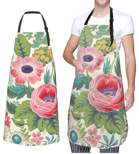 Dwrepo Gartenschürze mit Blumendruck, wasserdichte Schürze mit 2 Taschen, verstellbare Küchenschürze, Lätzchen für Damen und Herren, Kochschürze, Schwarz, Einheitsgröße, Schwarz, EinheitsgröÃŸe