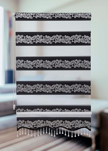 PlisseeOnline Doppelrollo Klemmfix ohne Bohren Schwarz Silber mit Muster und Perlen Duo Rollo für Fenster und Türen Plissee Rollo Gardine 50 x 150 cm Blickdicht Klemmrollo mit Perlen Seitenzugrollo