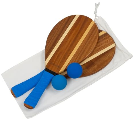 Woodside Frescobol Beach Racket Set, 2 x Wooden Paddles 2 x Balls, Varnished Wooden Paddle Bat & Ball Game for Outdoor Garden/Park