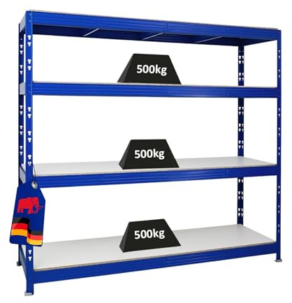 PROREGAL Profi Schwerlastregal Rhino EXTRA BREIT blau HxBxT 180x200x60cm Fachlast 500kg 4X Melamin-Ebenen 16mm Garagenregal, Lagerregal, Steckregal, Weitspannregal