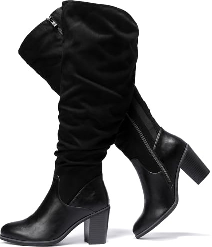Luoika Women's Extra Wide Calf Knee High Boots, Wide Width Slouchy Knee-High Boots Chunky Pump Heel Plus Size Boots., Blackmf209, 8.5 X-Wide