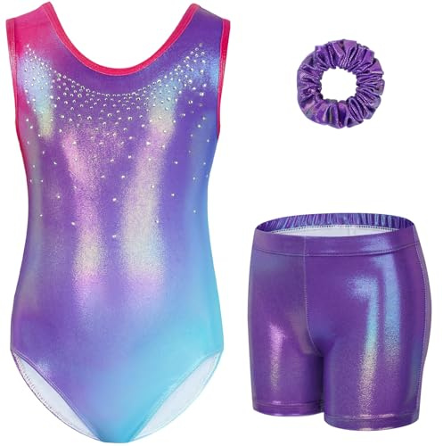 Gogokids Tredelat gymnastikset för flickor, ärmlös tröja med shorts och hårband, glittrande balettuppsättning, gymnastikoutfit med färggradient, för 3–12 år, violett, 150(140-150 cm,11-12Y)