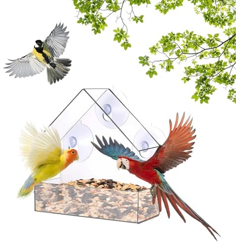 Acrylic Window Bird Feeder, Transparent Outside Bird Feeder House with Strong Suction Cup for Outdoor Wildlife Little Birds