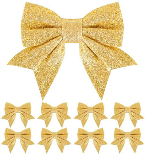 8er-Pack glänzende silberne Weihnachtsschleifen, Weihnachtsbaumschleifen, 6 Zoll breit, silberne Schleifen für Weihnachtsbaumschmuck, Geschenkverpackungen, Ornamente, Basteldekorationen (Gold)