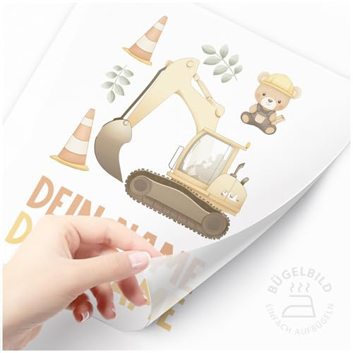 Moonworks® Bügelbilder-Set für Kinder Bagger Bär Personalisiert Wunschname Patches zum Aufbügeln auf Textilien Bagger 1 weiß standard