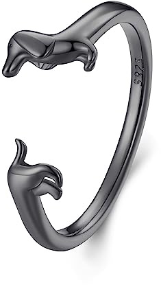 Qings Dackel Hund Ring 925 Sterling Silber für Damen Süßer Tier Offener Verstellbarer Fingerring Geburtstags Schmuck Geschenke für Tierliebhabe