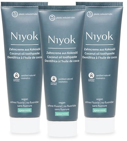 Niyok Zahncreme Spearmint 3 x 75 ml | Fluoridfreie Zahnpasta mit Bio-Kokosöl, Xylit und Kreide in drei natürlichen Geschmacksrichtungen für ein frisches Mundgefühl