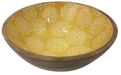 Artime - Grand Saladier en Bois de Manguier Ø30,5 cm, Intérieur Jaune Motif Floral, Collection Sun, Design Nature et Soleil, Contenance 3L