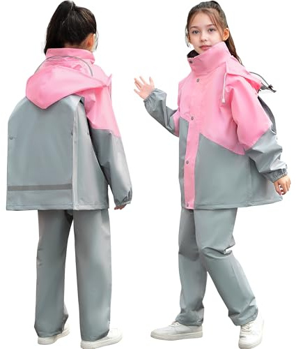 Baogaier Girls Waterproof Suit Kids Hooded Raincoat Rain Trousers Set Lightweight Breathable Jacket Pants Puddle Suit with Storage Bag Rainwear for Camping Hiking Age 9-10 Years, Grey Pink