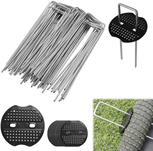 Dalephoric 60 Piezas Grapas Césped, 150 x 40 x 2.5 mm Piquetas Cesped Galvanizados, Grapas Cesped Artificial, con 30 Arandelas, Estacas de Jardin para Fijar Vallas, Láminas Antihierbas, Acampar