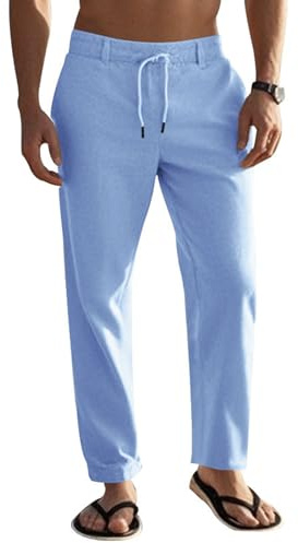 MAHUAOYIXI Pantalon Homme Lin Uni | Pantalon à Cordon avec Poches Élégant Décontracté à Jambe Droite Vacance Plage
