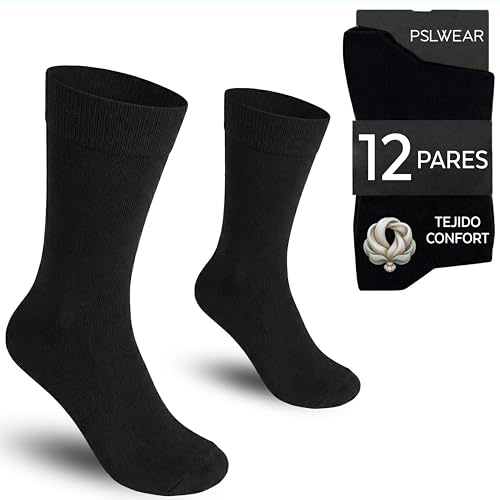 PSL WEAR 12 Pares | Calcetines Hombre Negros | 95% Algodón | Calcetines Negros Hombre de Vestir, Ejecutivo, Trabajo y Traje