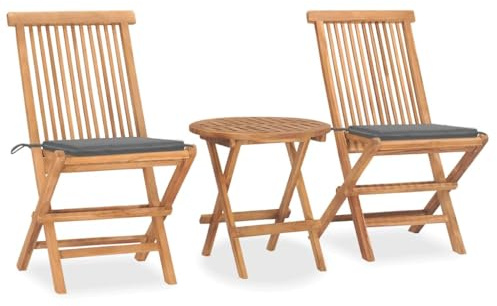Qnhdfrt Garten Essgruppe Klappbar Teakholz Set mit Polstern 50 x 50 cm Tisch und 2 Stühle Grau Outdoor Sitzgruppe für Terrasse Balkon Garten