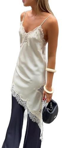FeMereina Tops Alto-Bajo de Mujer con Ribete de Encaje de Satén y Seda con Tirantes Espagueti Abertura Lateral Asimétrica Cami Top Holgada Sedosa Tops de Capas, blanco, L