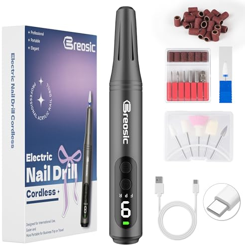 Breosic Fresa per Unghie Professionale Lima Elettrica per Unghie, Grigio | 35000 Giri 9 Velocità Regolabile, 12 in 1 Frese per Unghie, Portatile Senza Fili Trapano per Unghie con Schermo LED