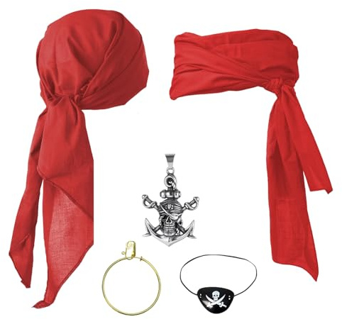 OuryTech Piratentuch, 5 Stück Piratenkostüm Damen, Kopftuch, Bandana, Accessoires Set mit Kopftuch, Gürtel, Kleid, Ohrringen und Halskette für Männer und Frauen, Karneval