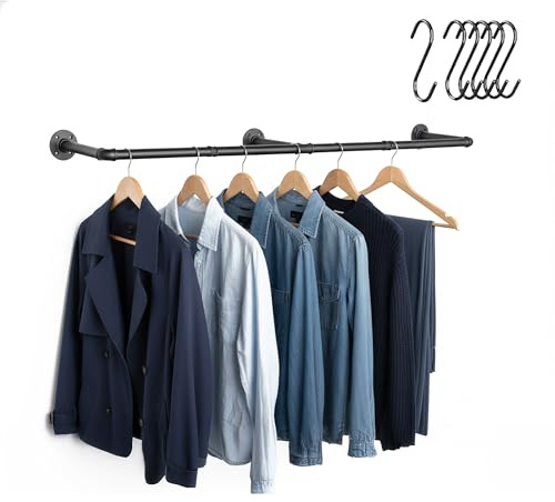 Relaxdays Kleiderstange Wandmontage, Größenwahl, Industrial, 6 S-Haken, Schlafzimmer, Flur, Garderobenstange, schwarz | 6 S-Haken, Schlafzimmer, Flur, Garderobenstange