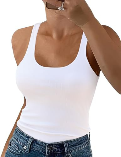 Niwicee Camiseta Tirantes Mujer Sin Mangas Verano Camisetas Sexy Tank Tops Cuello en U Camisetas Interior Corte Ajustado De Punto Elástico Crop Top Básicas Sólido Informales Camiseta (Blanco, M)