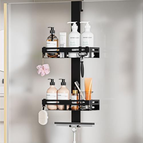 Wisfame Duschregal Zum Hängen schwarz, Duschablage Ohne Bohren für Glastür | Duschablage Hängend für Glastür bis 18mm, Ohne Bohren, Saugnäpfe & EVA-Pads für Stabilen Halt, Viele Haken, Rostfrei
